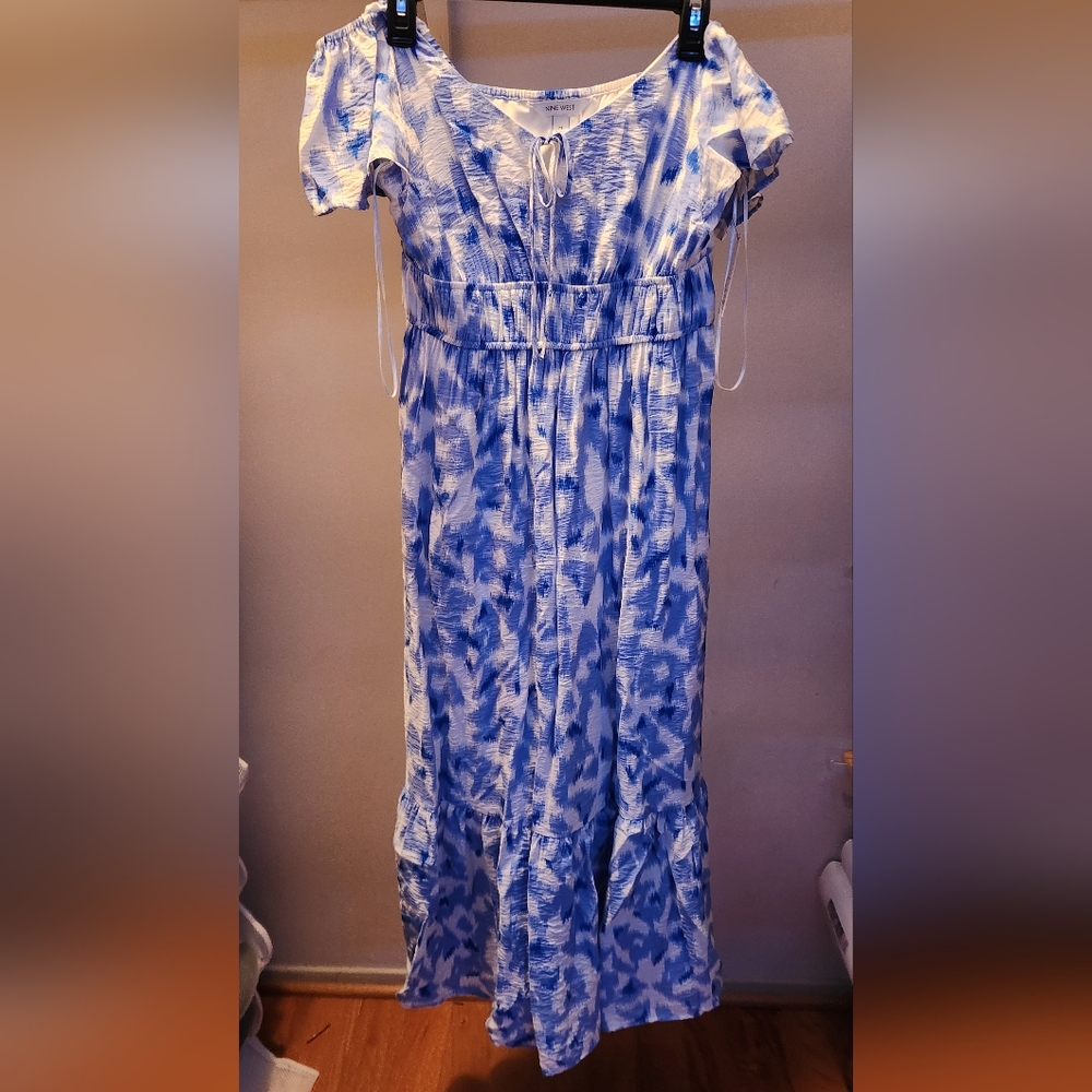 Blue and White Smocked Maxi Sundress with Puff Cap Sleeves